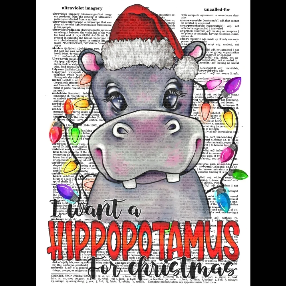 Hippo for Christmas Retro Vintage Dictionary Art Pri…